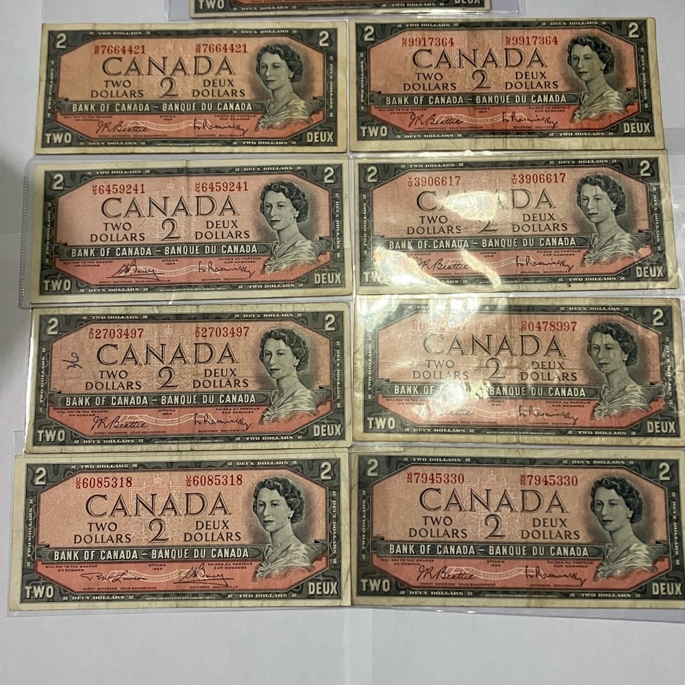 Lot of 9 - 1954 Bank of Canada, $2, Lawson/Bouey, Beattie/Rasminsky